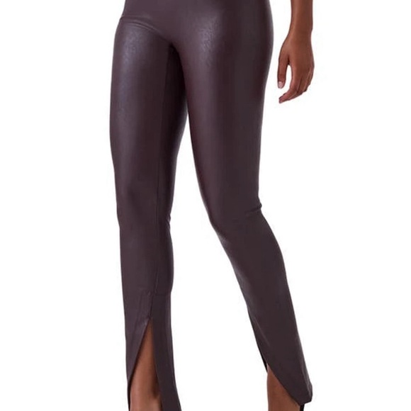 SPANX CHOCOLATE CHERRY FAUX LEATHER FRONT SLIT LEGGINGS (SZ M) - Picture 2 of 3